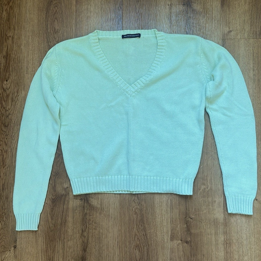 Brandy Melville Women's Mint Green Cropped V-neck‎ Sweater
